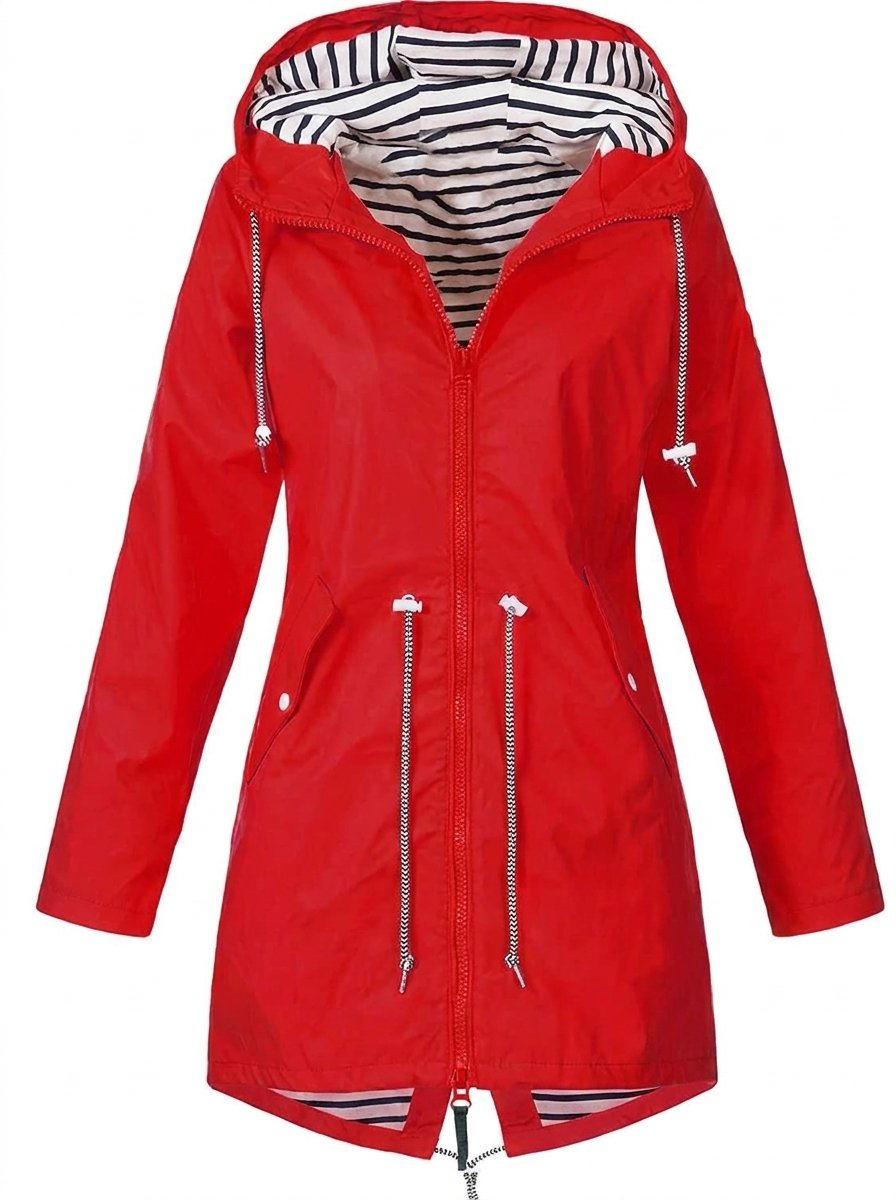 Women water resistant hooded rain coat with adjustable drawstring waist