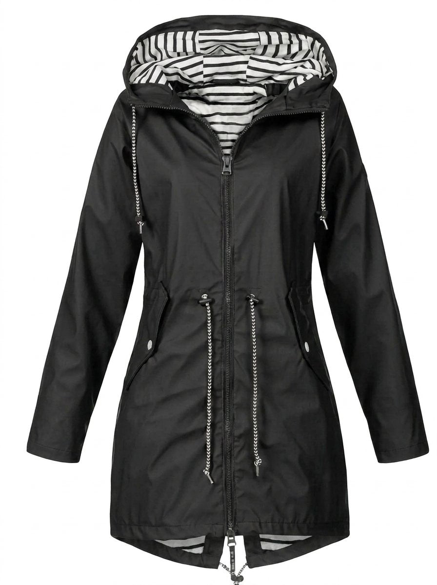 Women water resistant hooded rain coat with adjustable drawstring waist