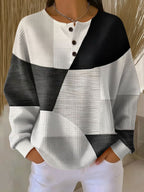 Women waffle knit henley pullover colourblock relaxed fit long sleeve