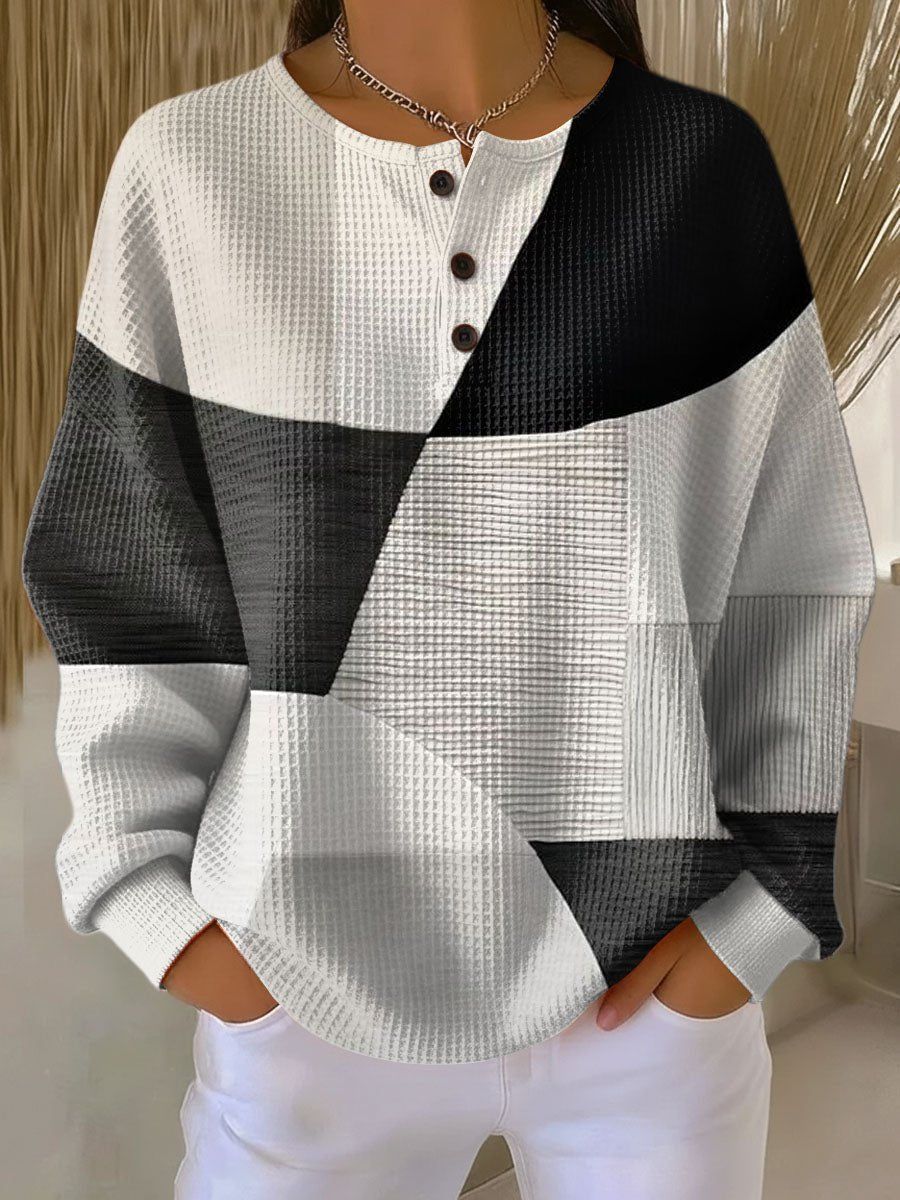 Women waffle knit henley pullover colourblock relaxed fit long sleeve