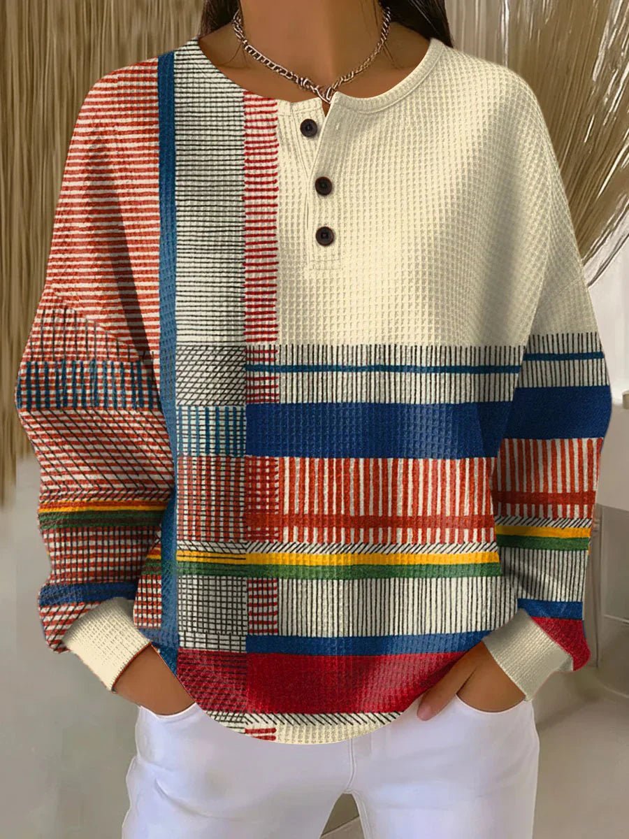 Women waffle knit henley pullover colourblock relaxed fit long sleeve