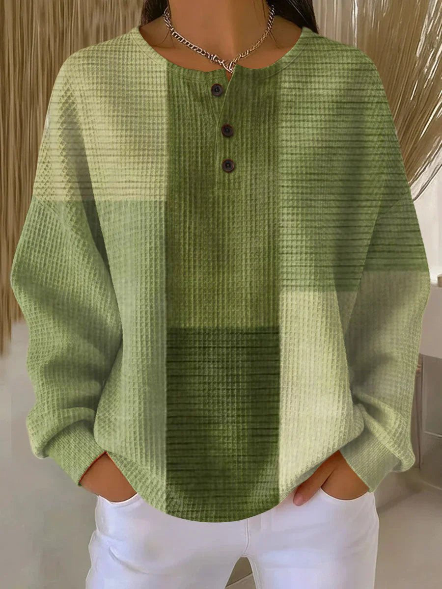 Women waffle knit henley pullover colourblock relaxed fit long sleeve