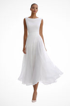 Women's sleeveless midi dress with cowl neck and pleated A-line skirt, wedding guest