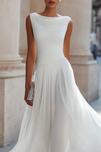 Women's sleeveless midi dress with cowl neck and pleated A-line skirt, wedding guest