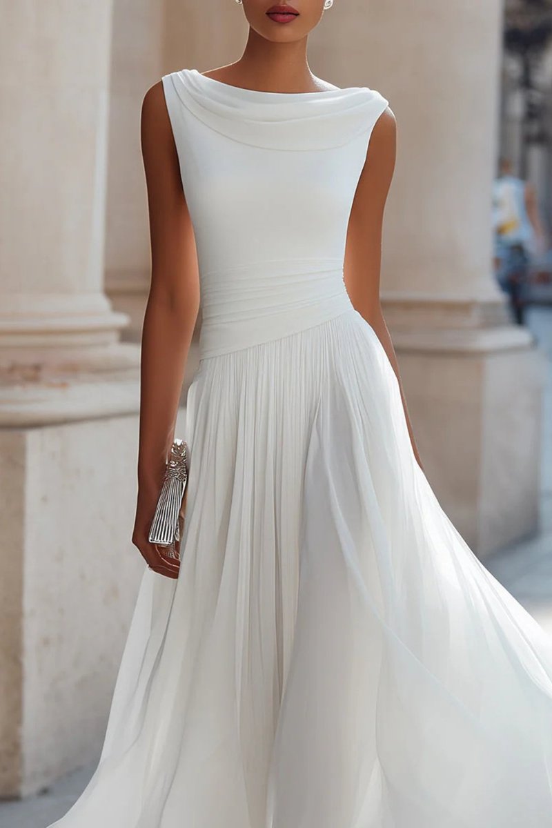 Women's sleeveless midi dress with cowl neck and pleated A-line skirt, wedding guest
