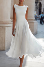 Women's sleeveless midi dress with cowl neck and pleated A-line skirt, wedding guest