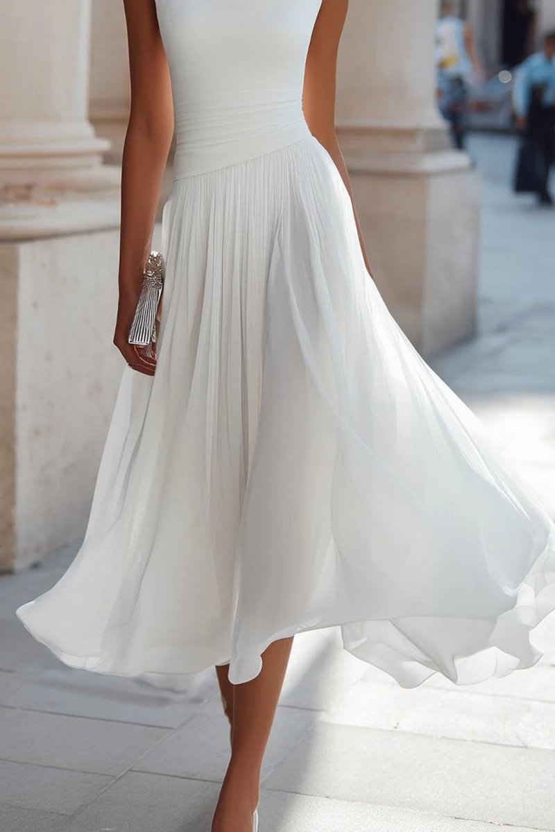 Women's sleeveless midi dress with cowl neck and pleated A-line skirt, wedding guest