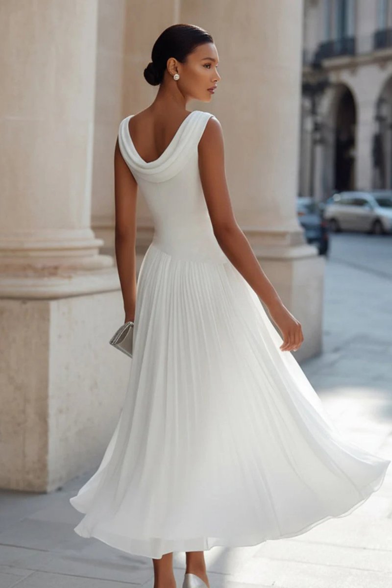 Women's sleeveless midi dress with cowl neck and pleated A-line skirt, wedding guest