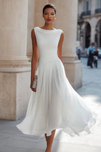 Women's sleeveless midi dress with cowl neck and pleated A-line skirt, wedding guest