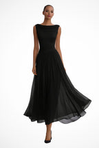 Women's sleeveless midi dress with cowl neck and pleated A-line skirt, wedding guest