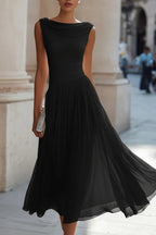 Women's sleeveless midi dress with cowl neck and pleated A-line skirt, wedding guest