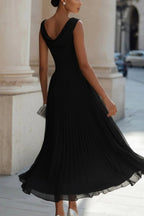 Women's sleeveless midi dress with cowl neck and pleated A-line skirt, wedding guest