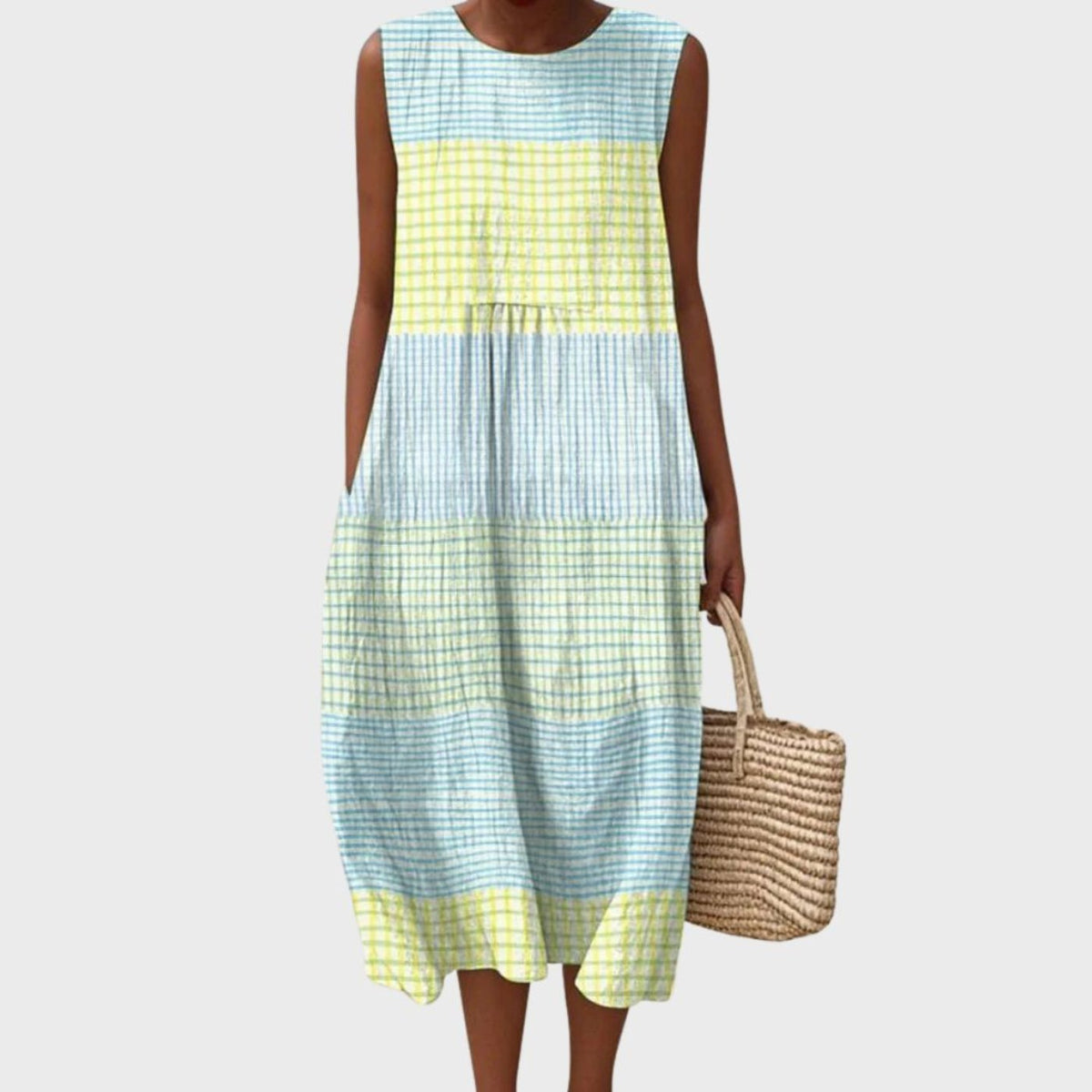 Women's sleeveless linen midi dress relaxed fit blue check pattern tiered silhouette
