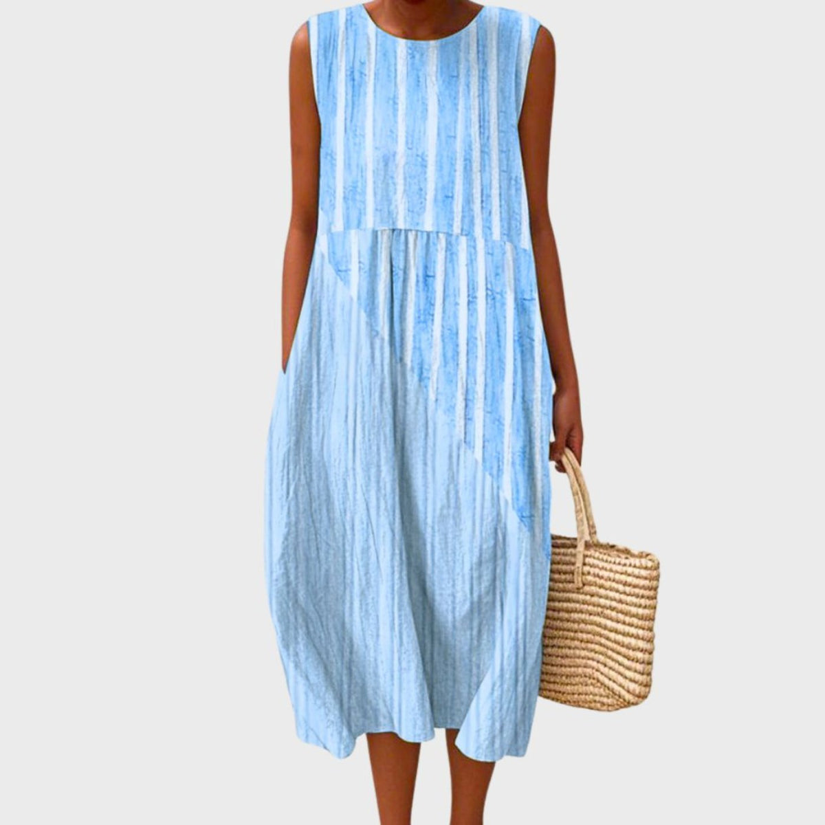 Women's sleeveless linen midi dress relaxed fit blue check pattern tiered silhouette