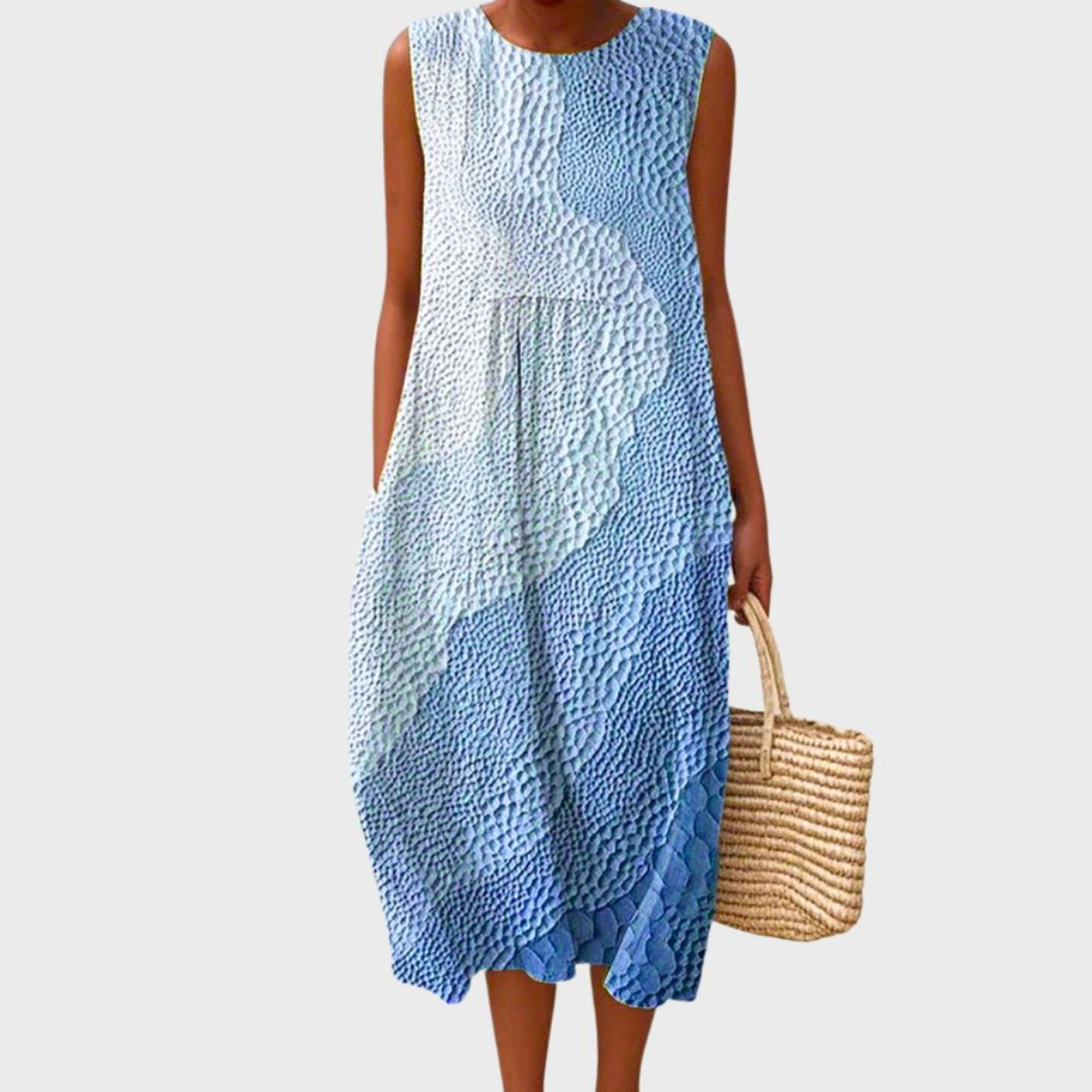 Women's sleeveless linen midi dress relaxed fit blue check pattern tiered silhouette