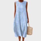 Women's sleeveless linen midi dress relaxed fit blue check pattern tiered silhouette