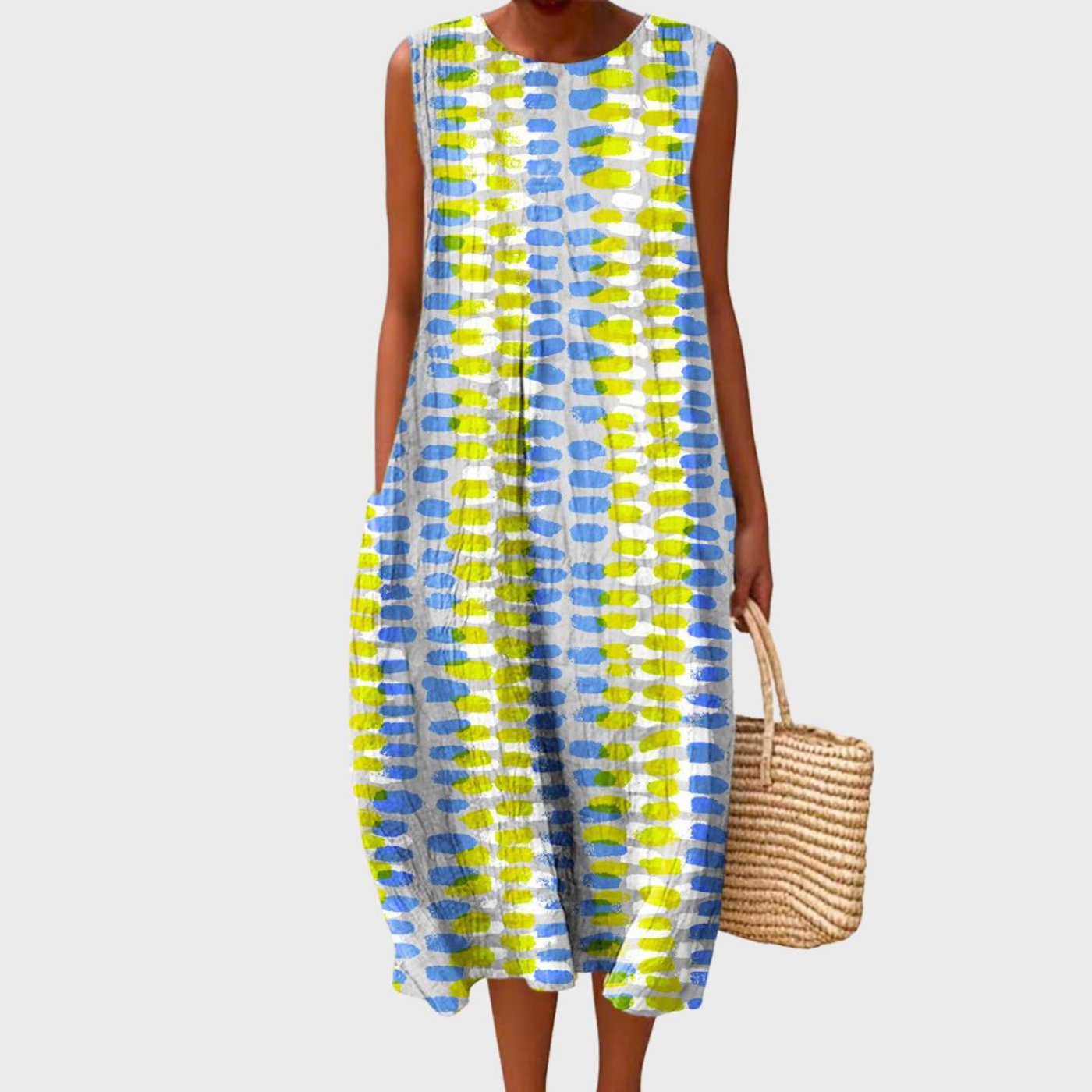 Women's sleeveless linen midi dress relaxed fit blue check pattern tiered silhouette