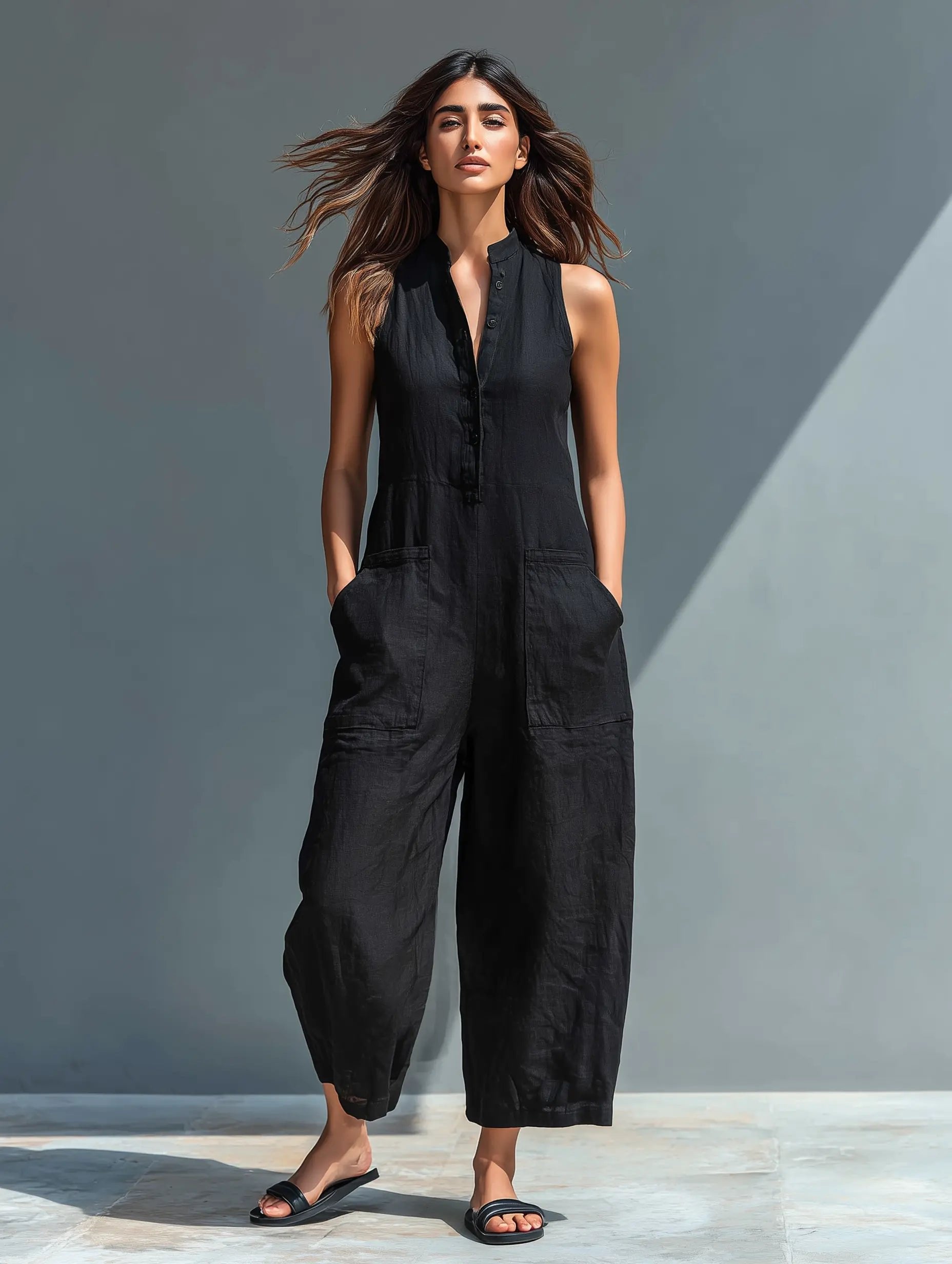 Women's sleeveless linen jumpsuit with stand collar and button-up front, relaxed fit