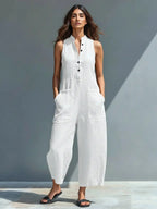 Women's sleeveless linen jumpsuit with stand collar and button-up front, relaxed fit
