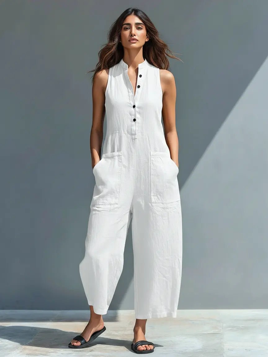 Women's sleeveless linen jumpsuit with stand collar and button-up front, relaxed fit