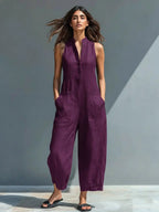 Women's sleeveless linen jumpsuit with stand collar and button-up front, relaxed fit