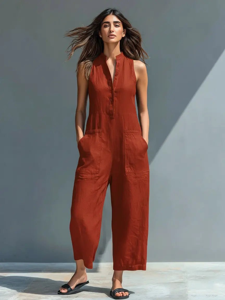 Women's sleeveless linen jumpsuit with stand collar and button-up front, relaxed fit