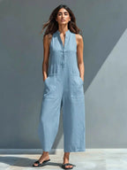 Women's sleeveless linen jumpsuit with stand collar and button-up front, relaxed fit