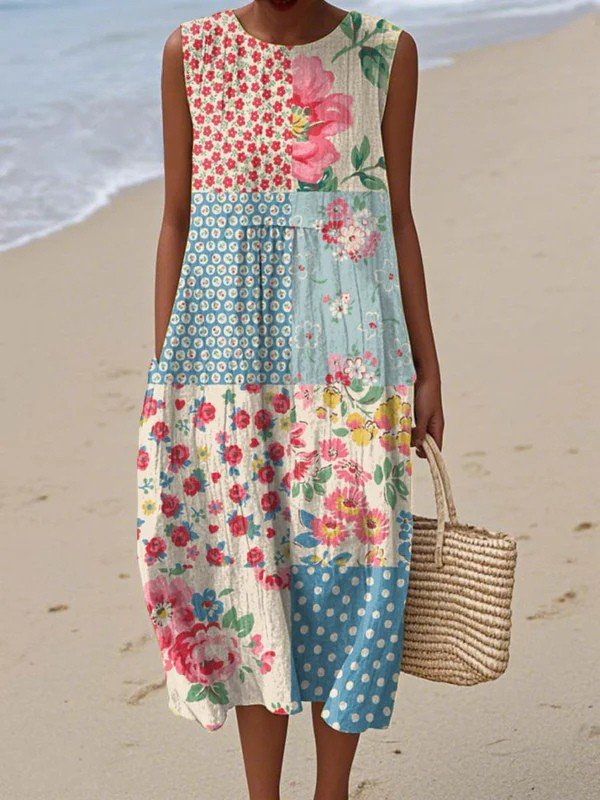Women's sleeveless patchwork midi dress with floral and polka dot multicolour pattern