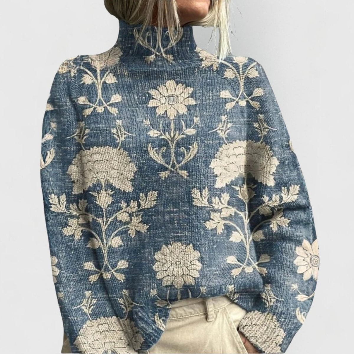 Women floral print turtleneck sweater relaxed fit blue beige knit pullover