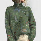 Women floral print turtleneck sweater relaxed fit blue beige knit pullover