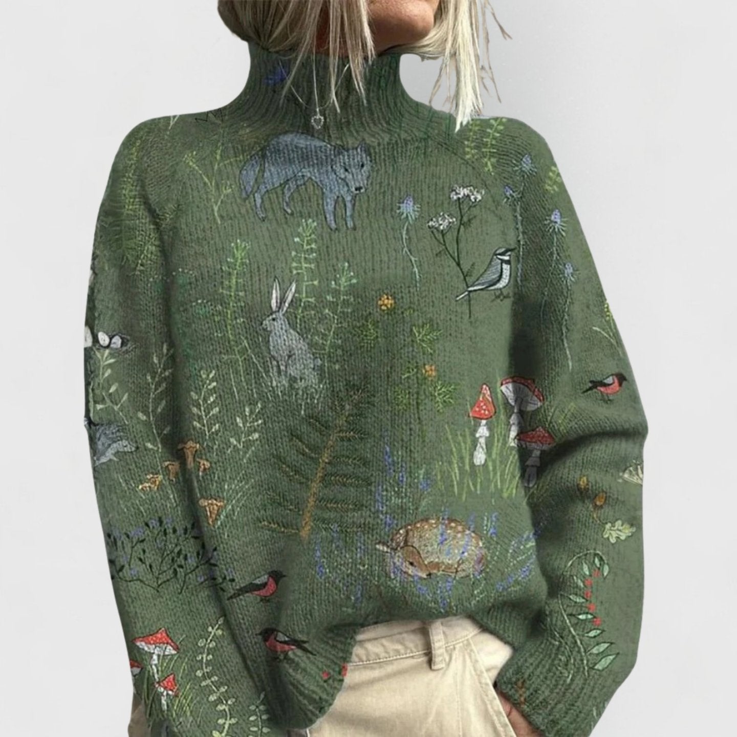 Women floral print turtleneck sweater relaxed fit blue beige knit pullover