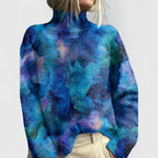 Women floral print turtleneck sweater relaxed fit blue beige knit pullover