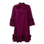 Women ruffle mini dress with bow collar and 3/4 sleeves