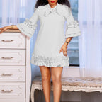 Women ruffle mini dress with bow collar and 3/4 sleeves