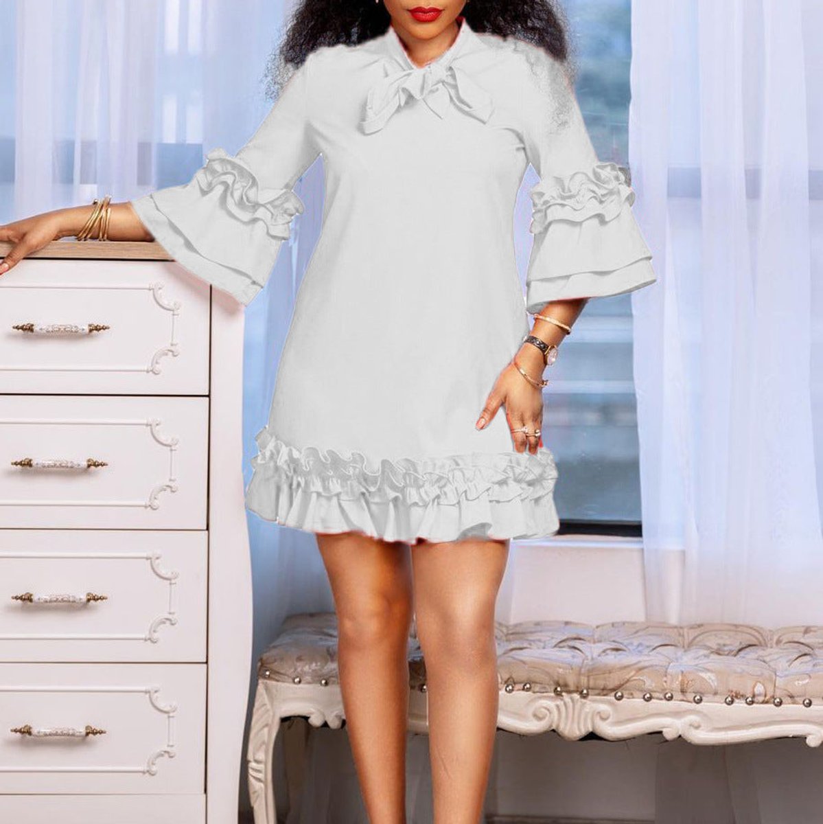 Women ruffle mini dress with bow collar and 3/4 sleeves