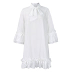 Women ruffle mini dress with bow collar and 3/4 sleeves