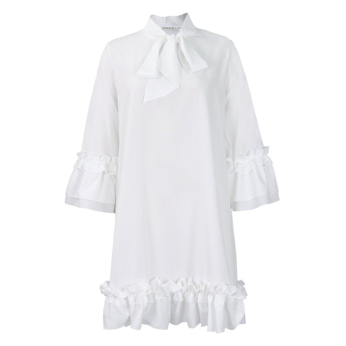 Women ruffle mini dress with bow collar and 3/4 sleeves