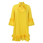 Women ruffle mini dress with bow collar and 3/4 sleeves