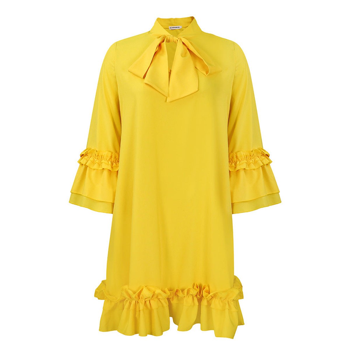 Women ruffle mini dress with bow collar and 3/4 sleeves