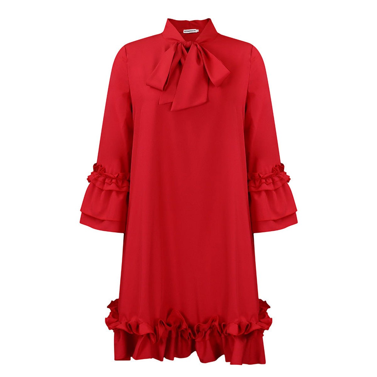 Women ruffle mini dress with bow collar and 3/4 sleeves