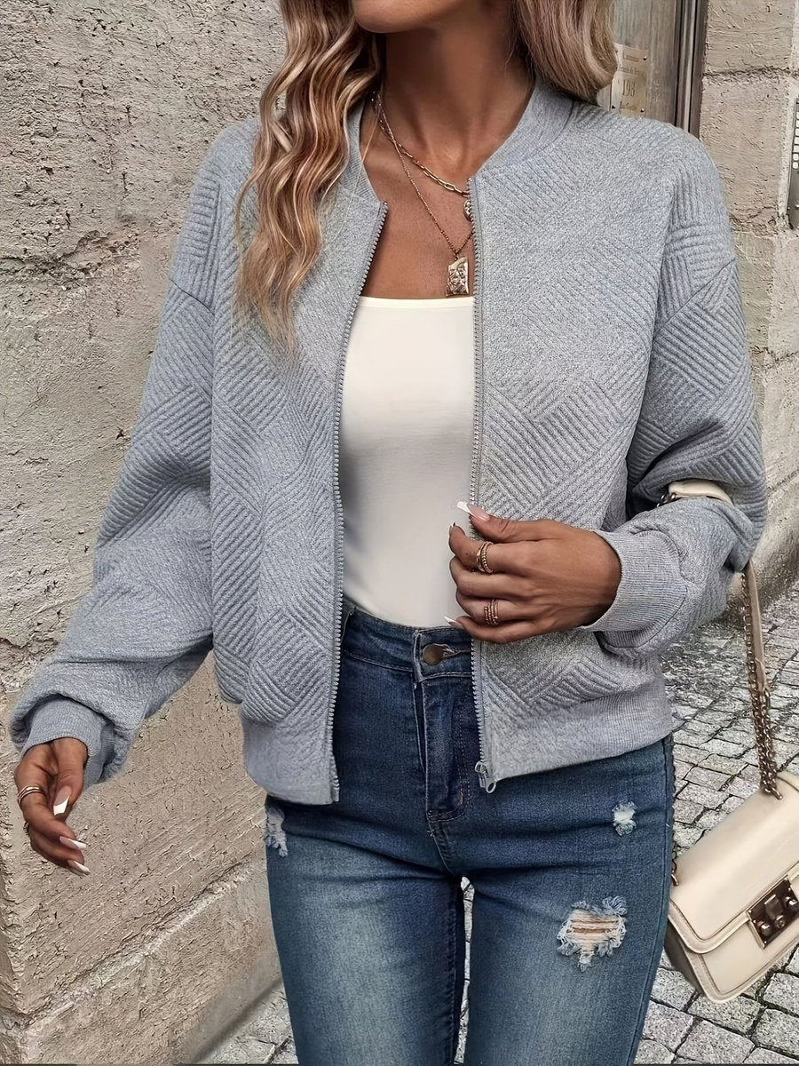 Women quilted zip up bomber jacket structured fabric cropped fit