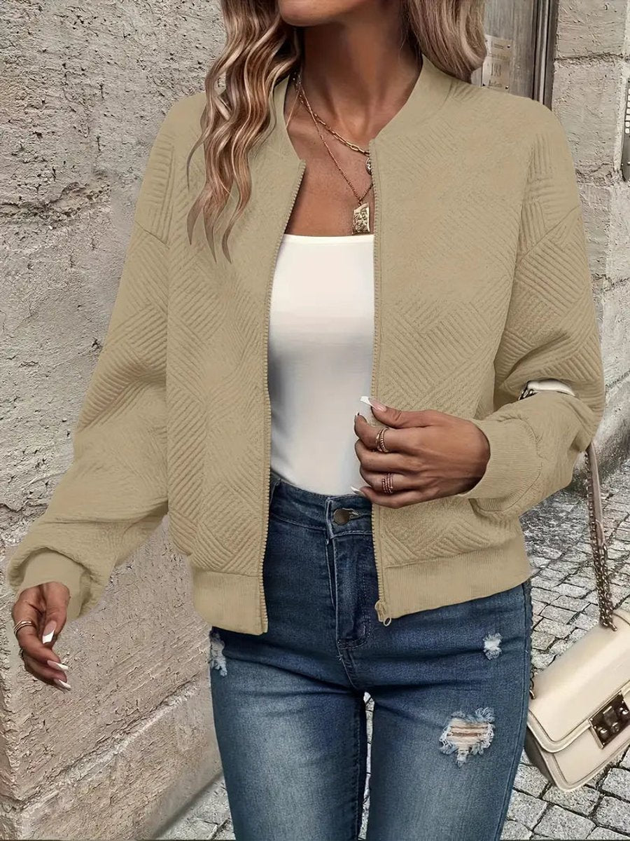 Women quilted zip up bomber jacket structured fabric cropped fit