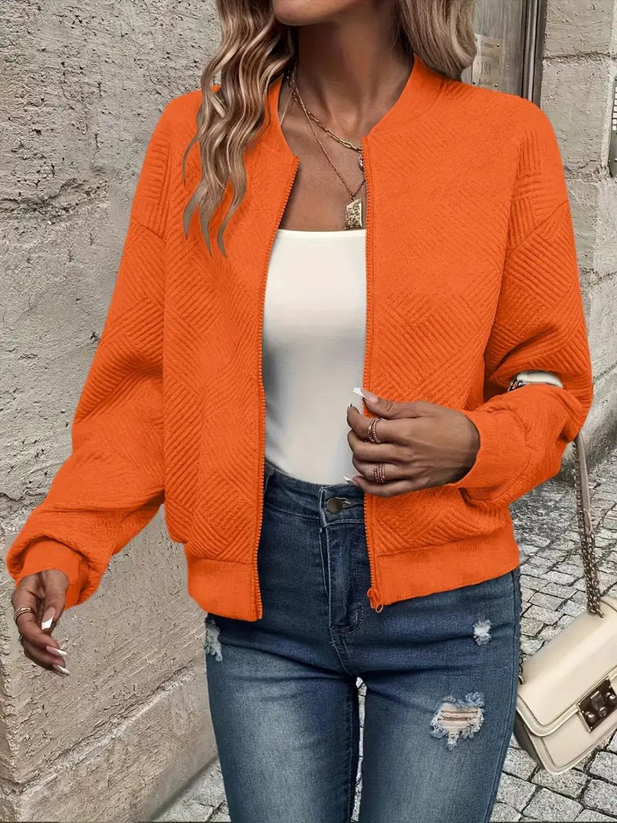 Women quilted zip up bomber jacket structured fabric cropped fit