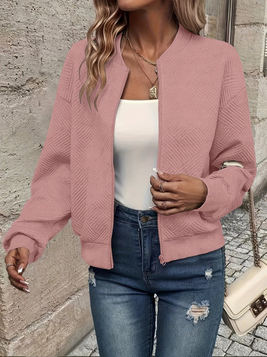 Women quilted zip up bomber jacket structured fabric cropped fit