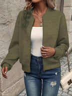 Women quilted zip up bomber jacket structured fabric cropped fit