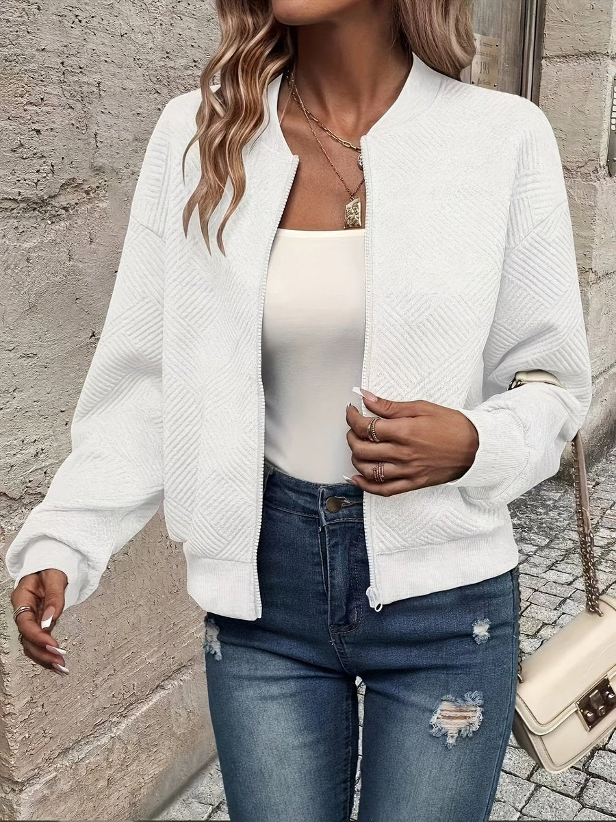 Women quilted zip up bomber jacket structured fabric cropped fit