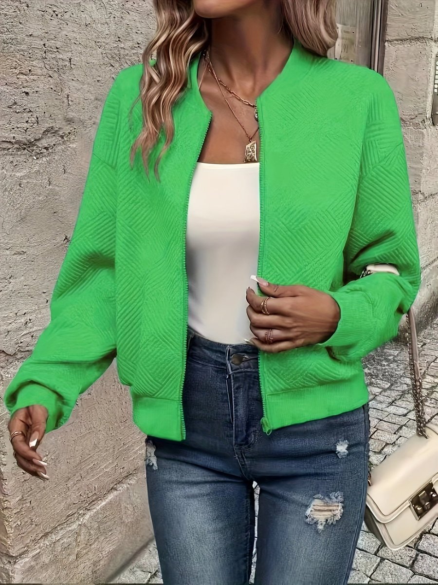 Women quilted zip up bomber jacket structured fabric cropped fit