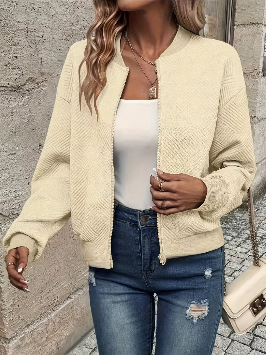 Women quilted zip up bomber jacket structured fabric cropped fit
