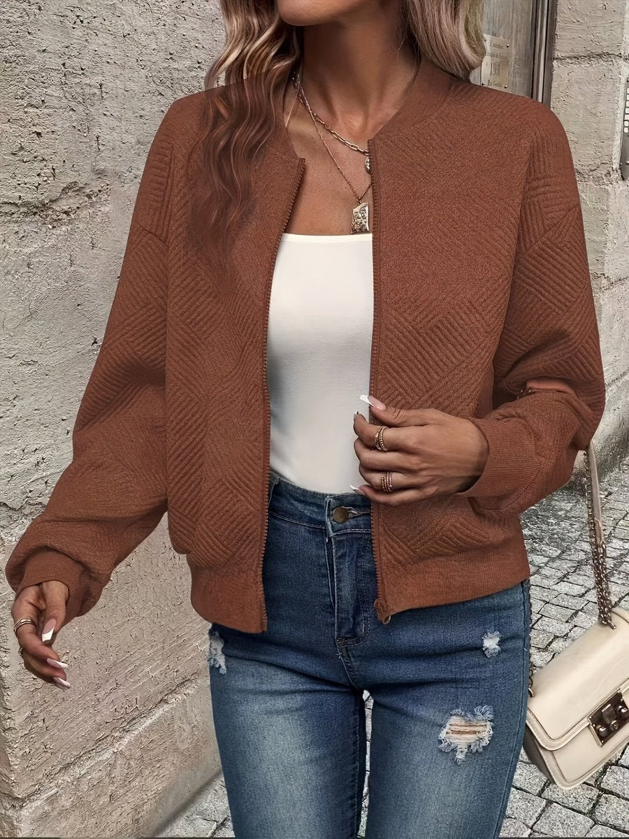 Women quilted zip up bomber jacket structured fabric cropped fit