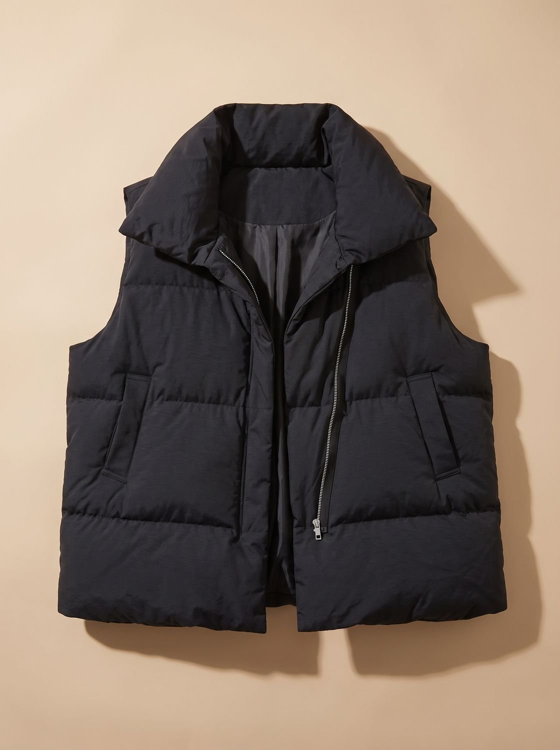Women quilted vest bodywarmer with shawl collar and boxy fit